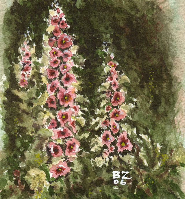 Painting: Night Time Hollyhocks